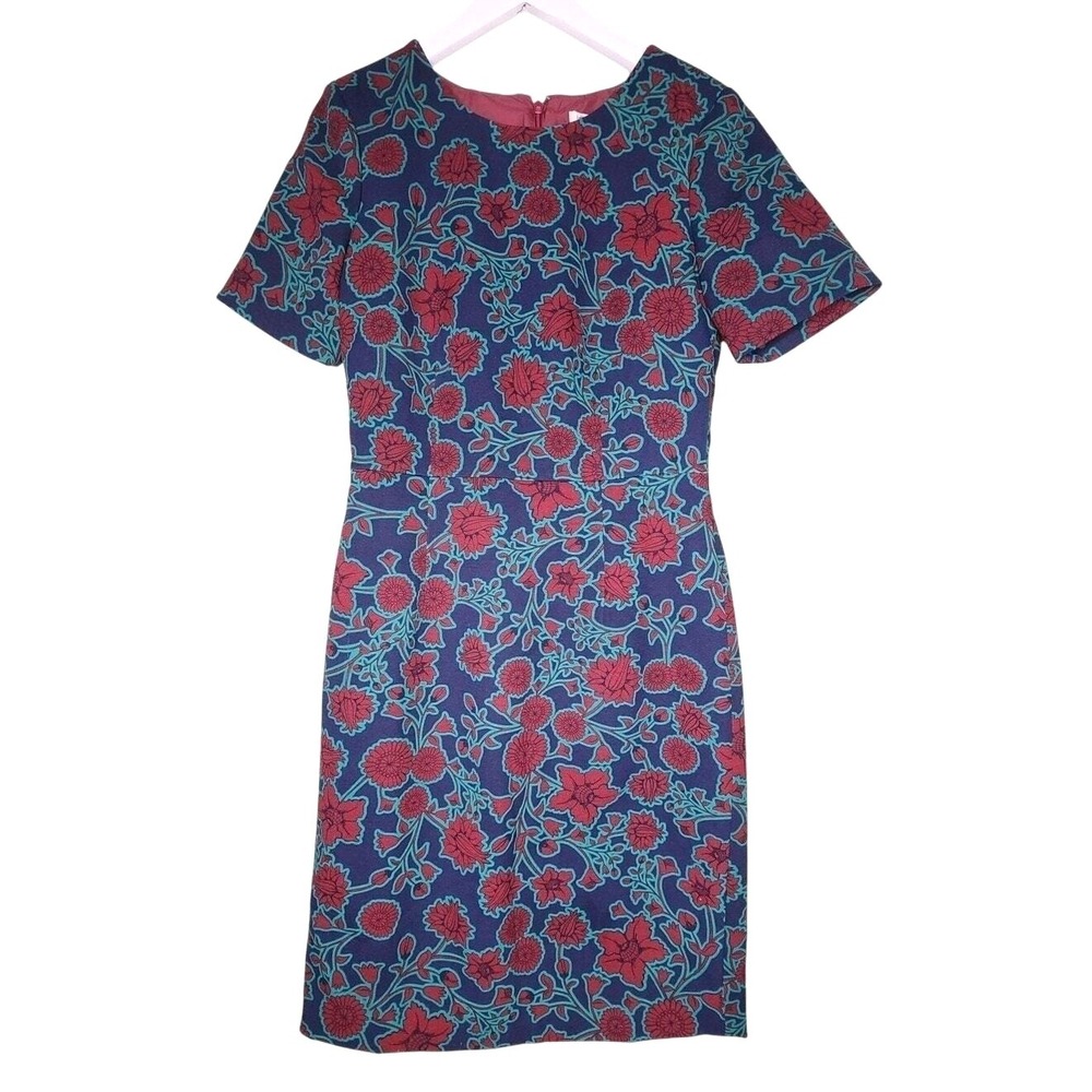 J Crew Floral Sheath Dress Short Sleeve Burgundy Blue Career Office Preppy 2